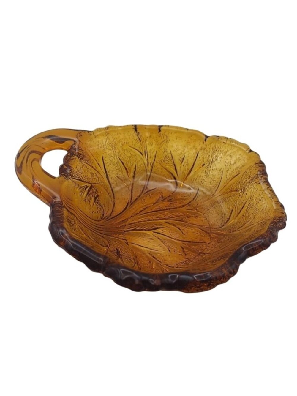 Vintage Indiana Glass Amber Leaf Trinket Nut Candy Dish Bowl w/ Handle